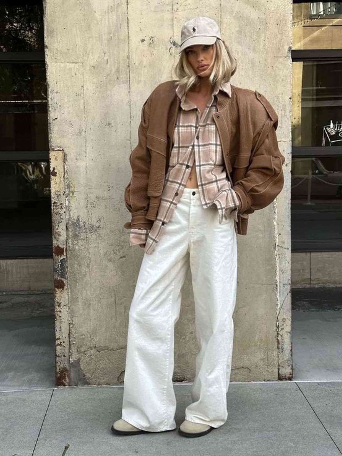 Casual Cool: Tan Clogs with Leather Bomber and Plaid Shirt Casual Cool: Tan Clogs with Leather Bomber and Plaid Shirt — Birkenstock Boston Outfits
