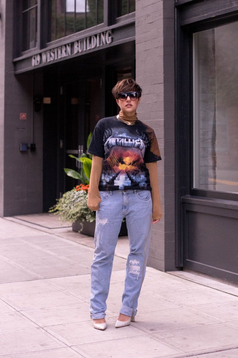 Layered Band Tee with Distressed Jeans and White Heels — Band Tee Outfits