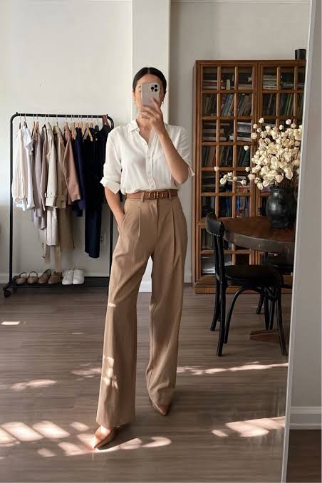 Crisp White Shirt Tucked into Tan Wide-Leg Trousers Crisp White Shirt Tucked into Tan Wide-Leg Trousers — Neutral Outfits
