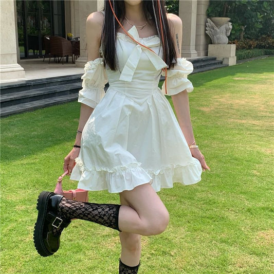White Off-Shoulder Ruffled Dress with Lace Socks White Off-Shoulder Ruffled Dress with Lace Socks — Soft Girl Outfits