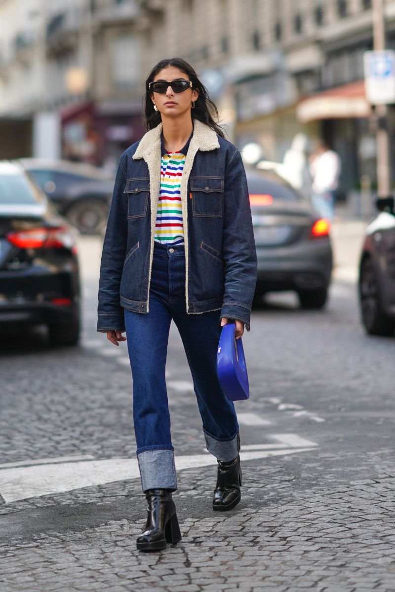 Shearling Collar Denim Jacket and Striped Polo — Straight Leg Jeans Outfits