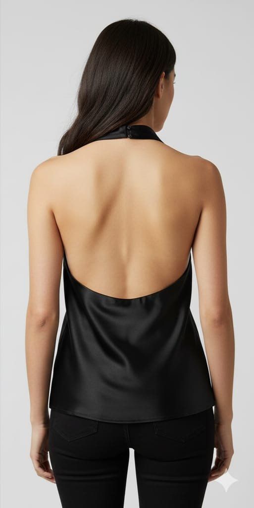 Black Halter Neck Satin Crop Top with Open Back — Satin Top Outfits