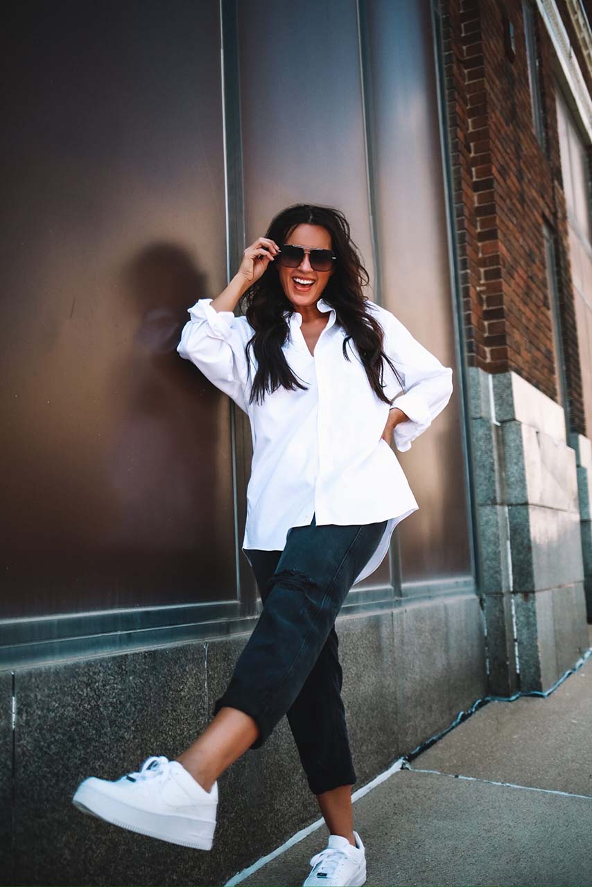 White Sneakers Outfit Idea — Oversized Shirt Outfits