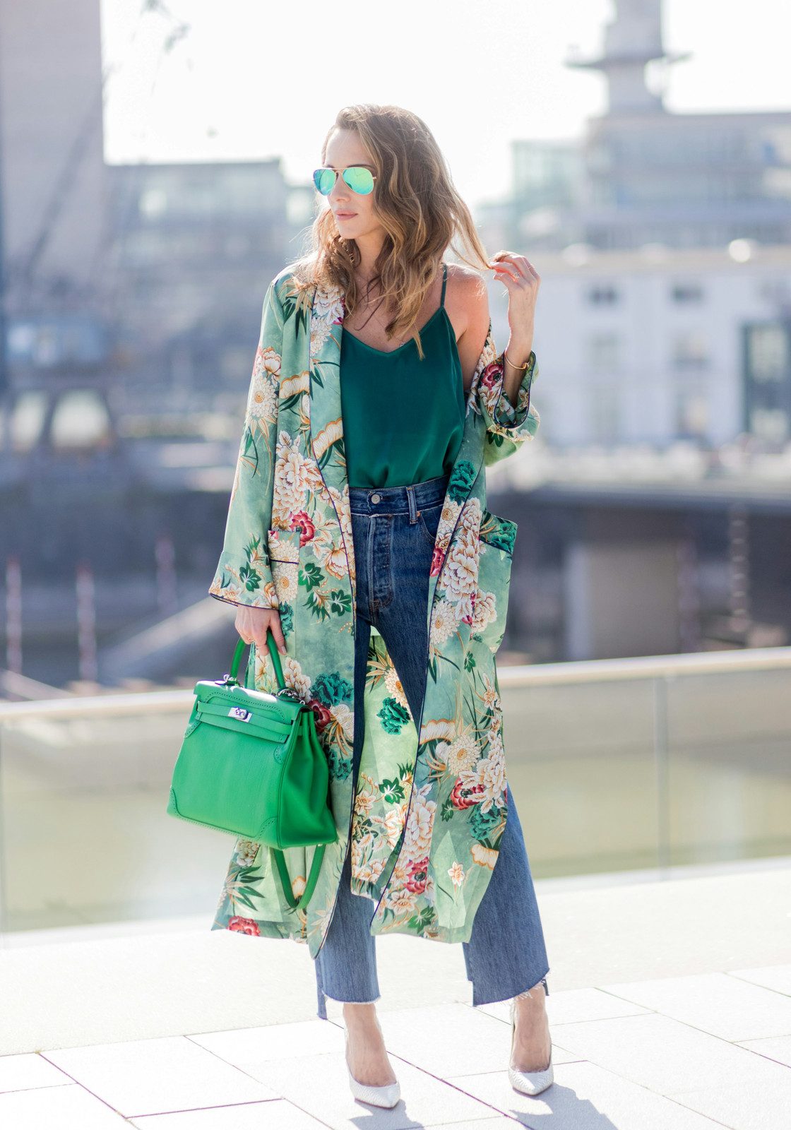 Light Green Floral Kimono with Denim — Kimonos