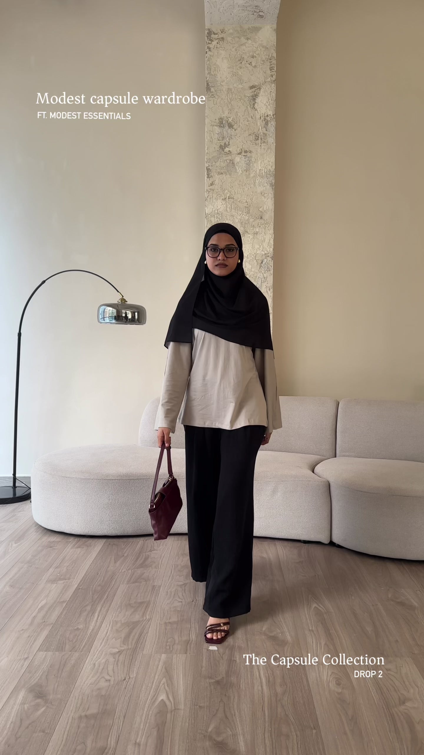 Classic Black and Beige: Wide-Leg Trousers and Handbag — Hijab Work Outfits