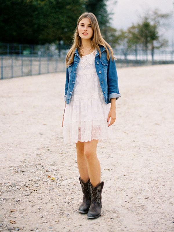 White Lace Mini Dress with Denim Jacket and Brown Cowboy Boots — Cowboy Boot Outfits with Dress