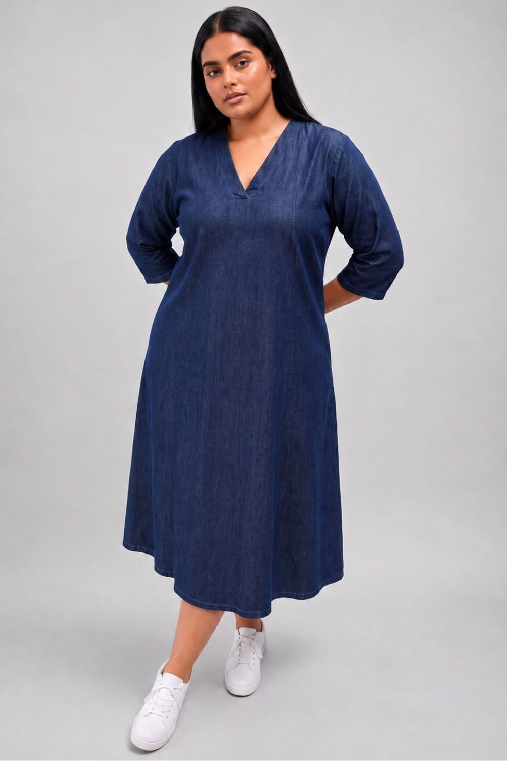 Denim Midi Dress with A-Line Cut for Everyday Style Denim Midi Dress with A-Line Cut for Everyday Style — Dresses to Hide Belly