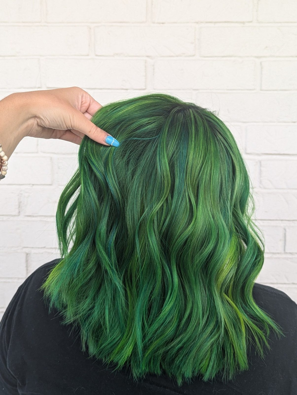 Shoulder-Length Forest Green With Yellow Streaks — Forest Green Hair