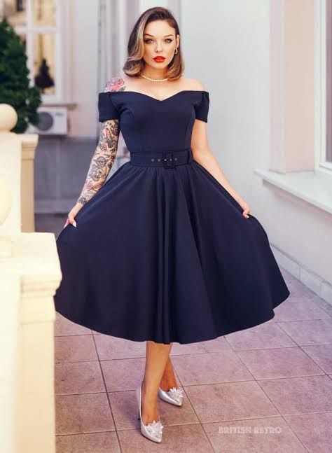 Navy Blue Off-the-Shoulder Dress with Fit-and-Flare Skirt — Party Dresses