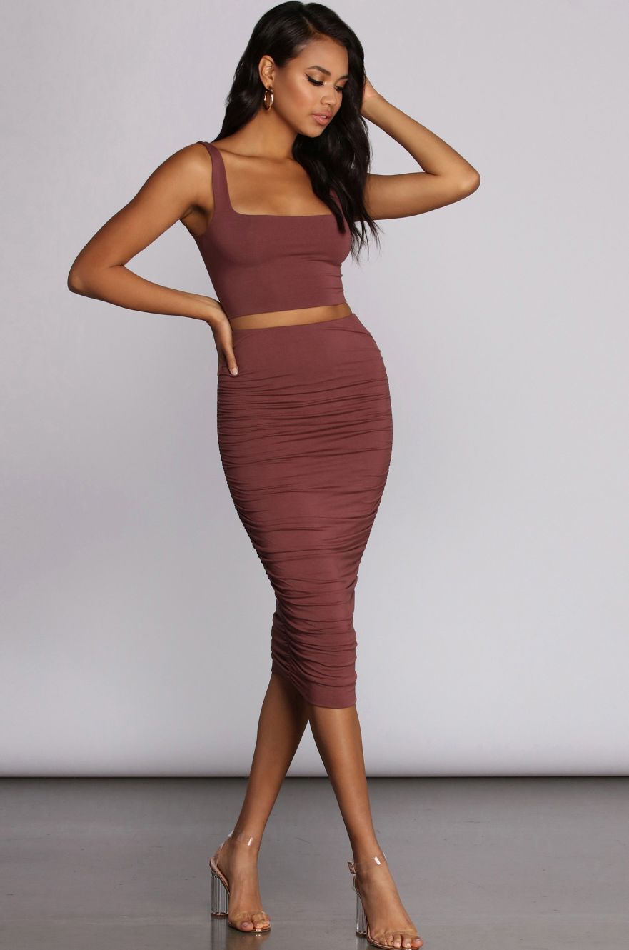 Brown Ruched Pencil Skirt and Cropped Top Matching Set — Pencil Skirt Outfits