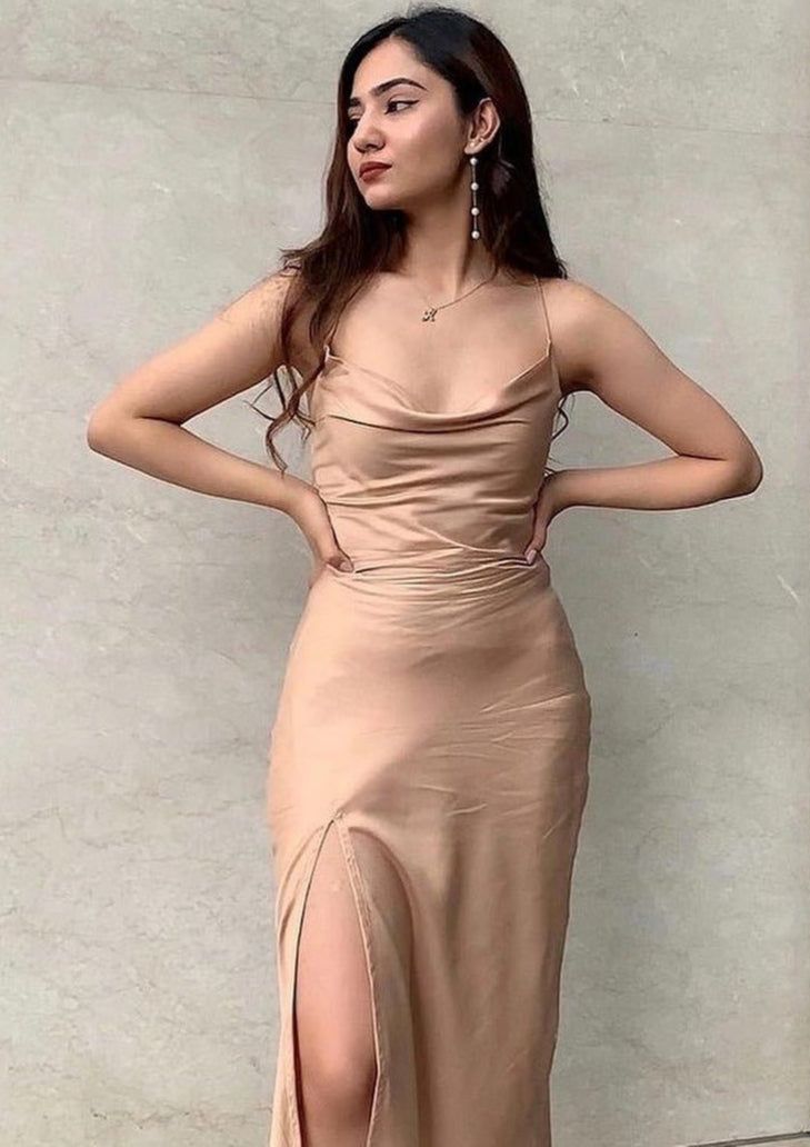 Champagne Satin Slip with Cowl Neck and High Slit Champagne Satin Slip with Cowl Neck and High Slit — Backless Dresses