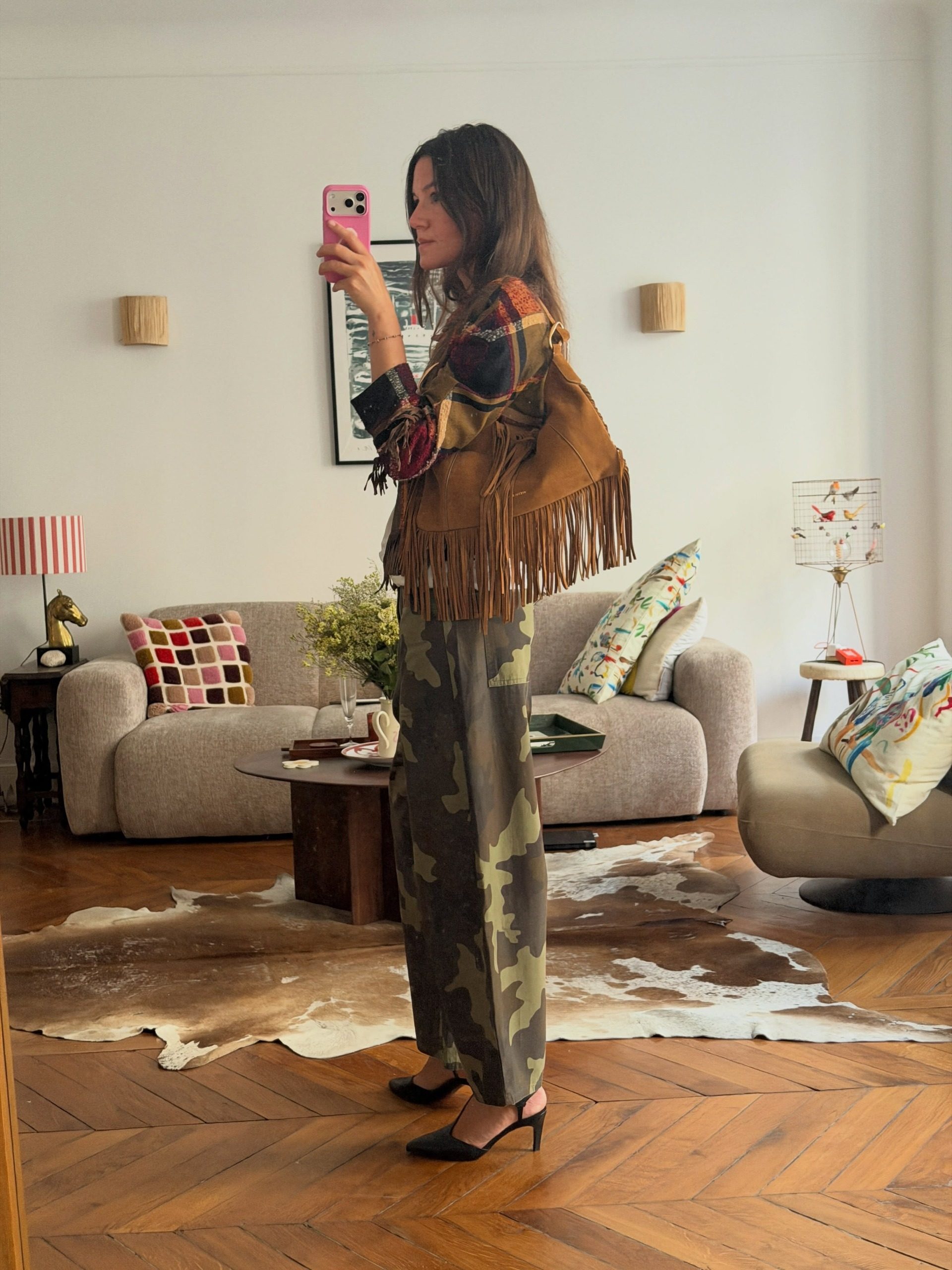 Wide-Leg Camo Pants with Plaid Shirt and Fringed Vest Wide-Leg Camo Pants with Plaid Shirt and Fringed Vest — Camo Outfits