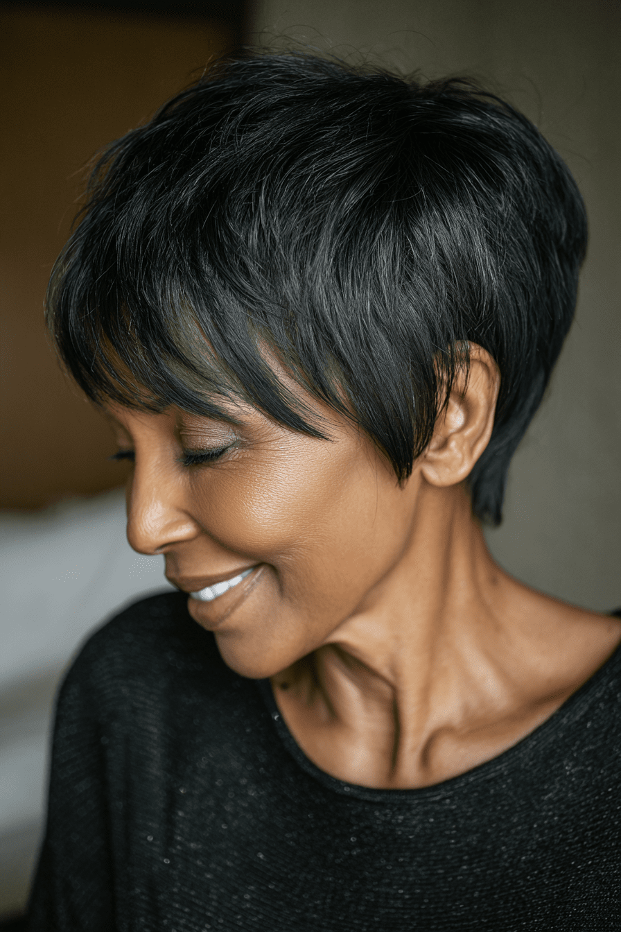 Layered Black Pixie With Long Bangs Layered Black Pixie With Long Bangs — Pixie Cut for Black Women