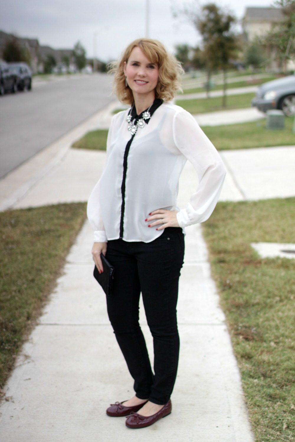 Sheer White Blouse with Black Trim and Skinny Pants — Black and White Outfits