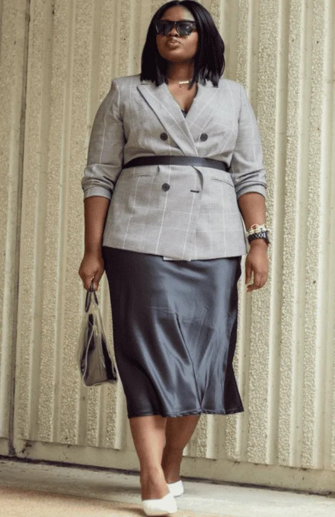 Plaid Blazer with Satin Slip Skirt and White Heels — First Day of Work Outfits