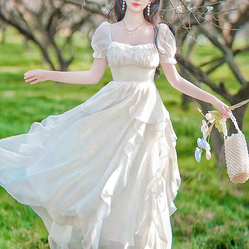 Ivory Sheer Dress with Puff Sleeves and Pearl Bag — Princesscore Outfits