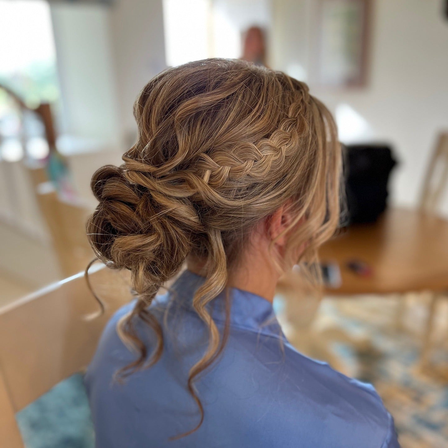 Ash Blonde Braided Low Bun — Low Bun with Bangs