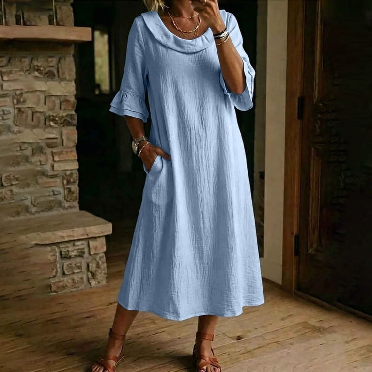 Light Blue Textured Midi Dress with Ruffled Sleeves — Dresses for Women Over 70