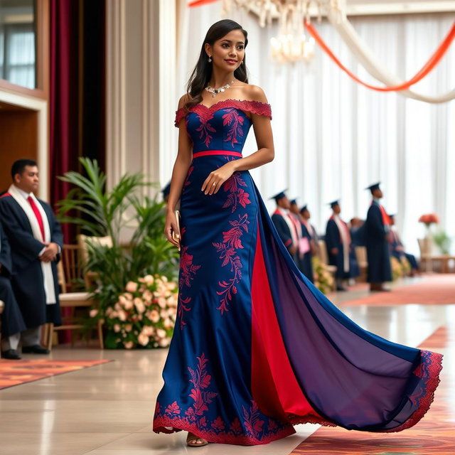 Navy Mermaid Gown with Red Embroidery for Formal Events Navy Mermaid Gown with Red Embroidery for Formal Events — Dominican Republic Outfits