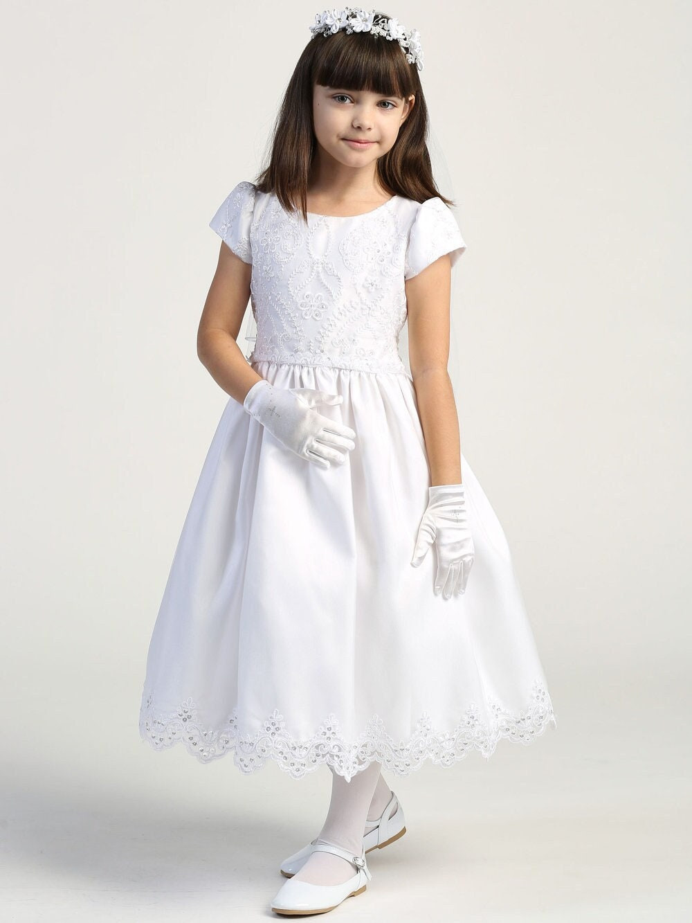 Knee-Length A-Line Dress with Embroidered Bodice and White Gloves Knee-Length A-Line Dress with Embroidered Bodice and White Gloves — First Communion Outfits