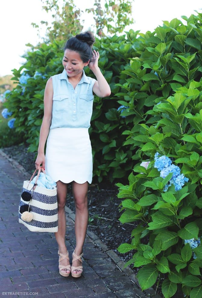 Chambray Shirt with Scallop Hem Mini Skirt and Tote Chambray Shirt with Scallop Hem Mini Skirt and Tote — Cape Cod Outfits