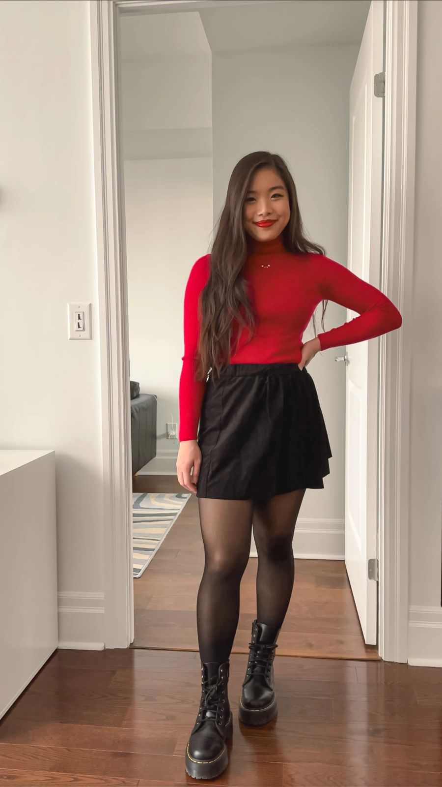 Bold Red Turtleneck with Flared Skirt — Vancouver Outfits
