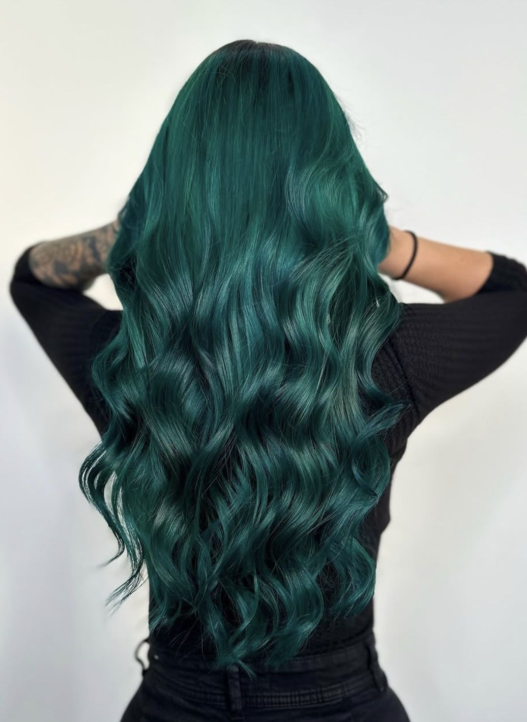 Deep Teal Green Voluminous Waves Deep Teal Green Voluminous Waves — Olive Green Hair