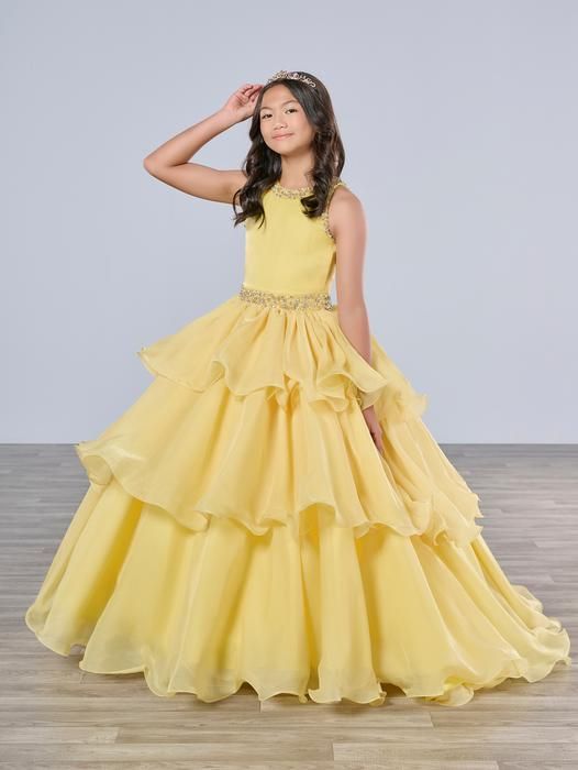 Yellow Organza Ballgown with Tiered Ruffled Skirt Yellow Organza Ballgown with Tiered Ruffled Skirt — Pageant Dresses