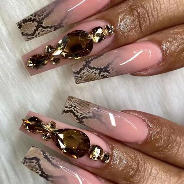 Long Coffin Pink Gradient Rhinestone Snake Long Coffin Pink Gradient Rhinestone Snake — Snake Print Nails