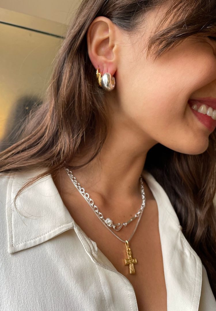 Mixed Metal Layered Necklaces with Cross Charm Mixed Metal Layered Necklaces with Cross Charm — Mixed Metal Jewelry