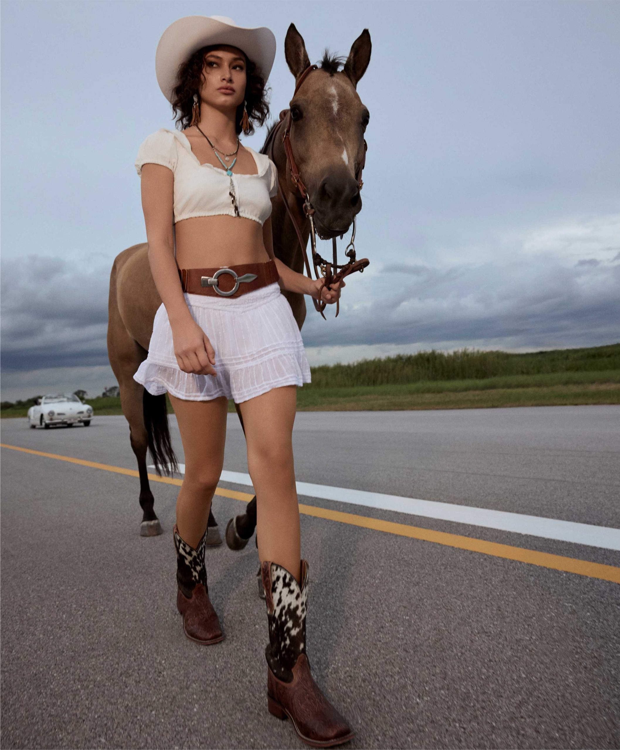 Playful Cow-Print Boots with White Mini Set — Cowgirl Outfits