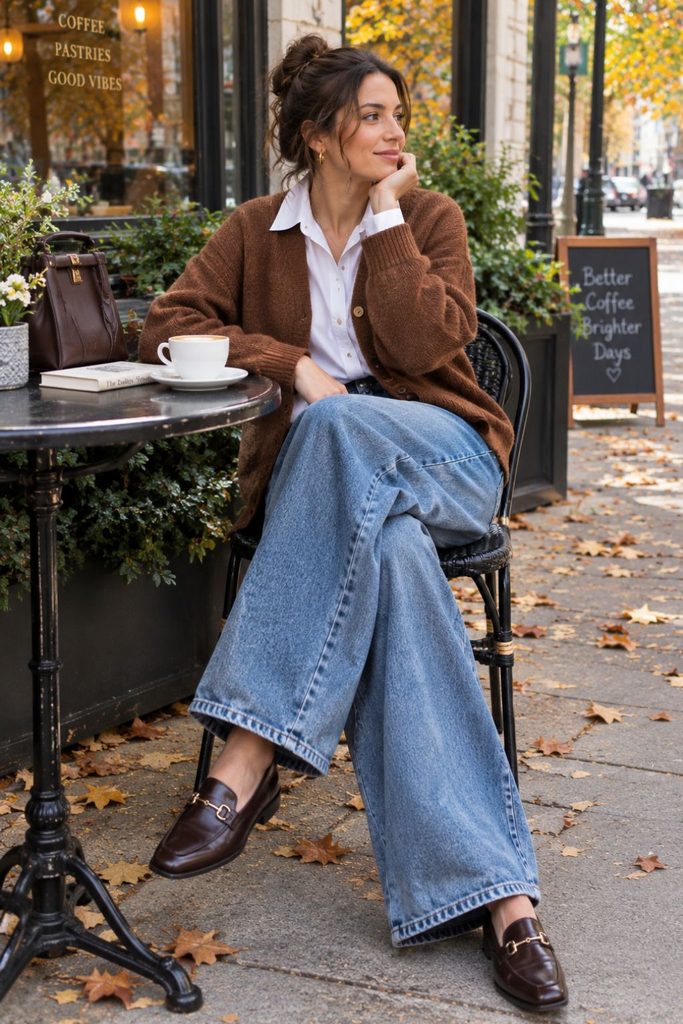 Medium Wash Baggy Jeans with a Chunky Knit Cardigan for Autumn Comfort — Baggy Jeans Outfits