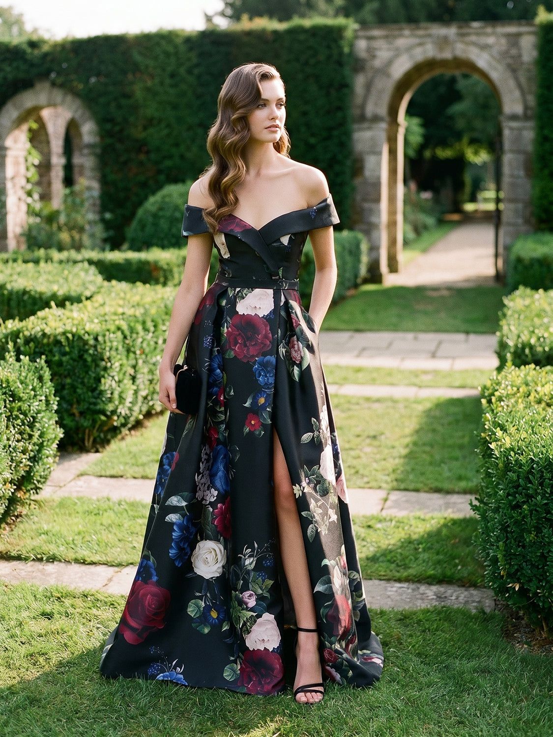 Black Off-the-Shoulder Satin Gown with Bold Floral Print and Slit Black Off-the-Shoulder Satin Gown with Bold Floral Print and Slit — Charity Gala Outfits