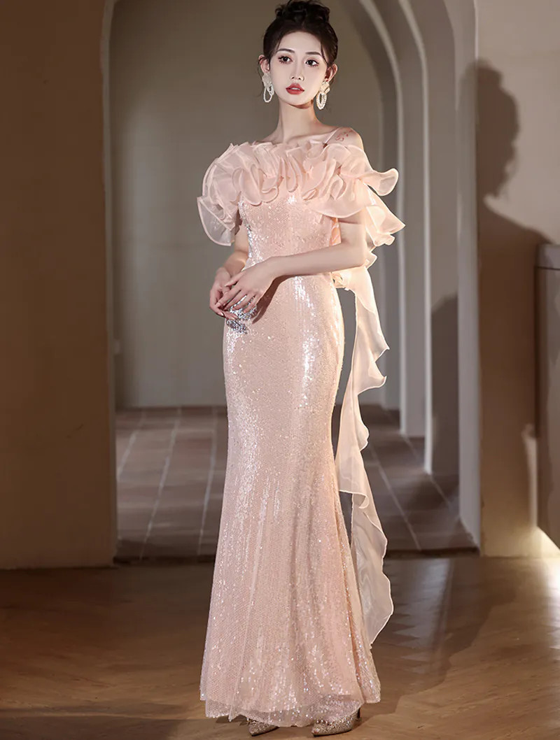 Pale Pink Sequined Fishtail Gown with Ruffled Neckline — Engagement Party Dresses
