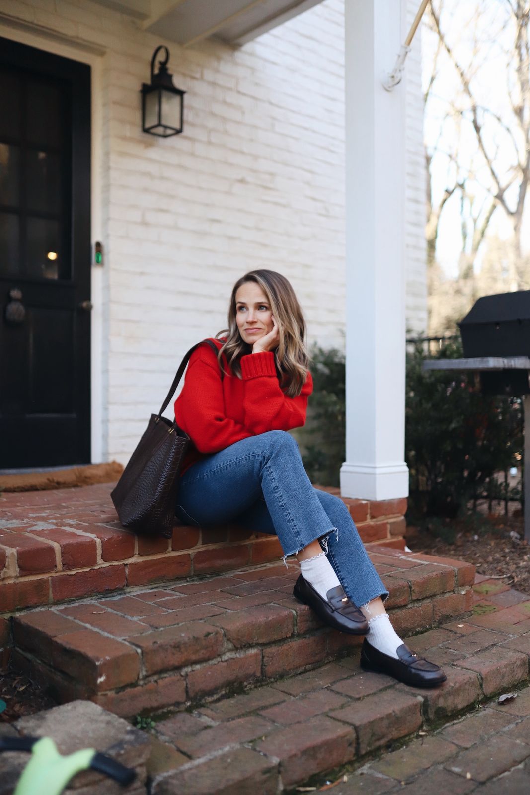 Cropped Jeans and Red Sweater with White Socks and Penny Loafers — Penny Loafers Outfits