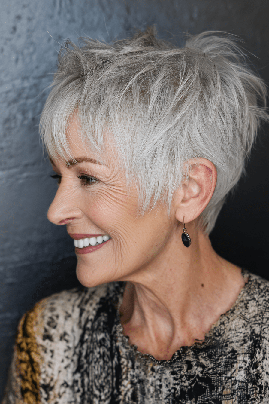 Silver Grey Pixie With Side Bangs Silver Grey Pixie With Side Bangs — Haircuts for Thin Hair