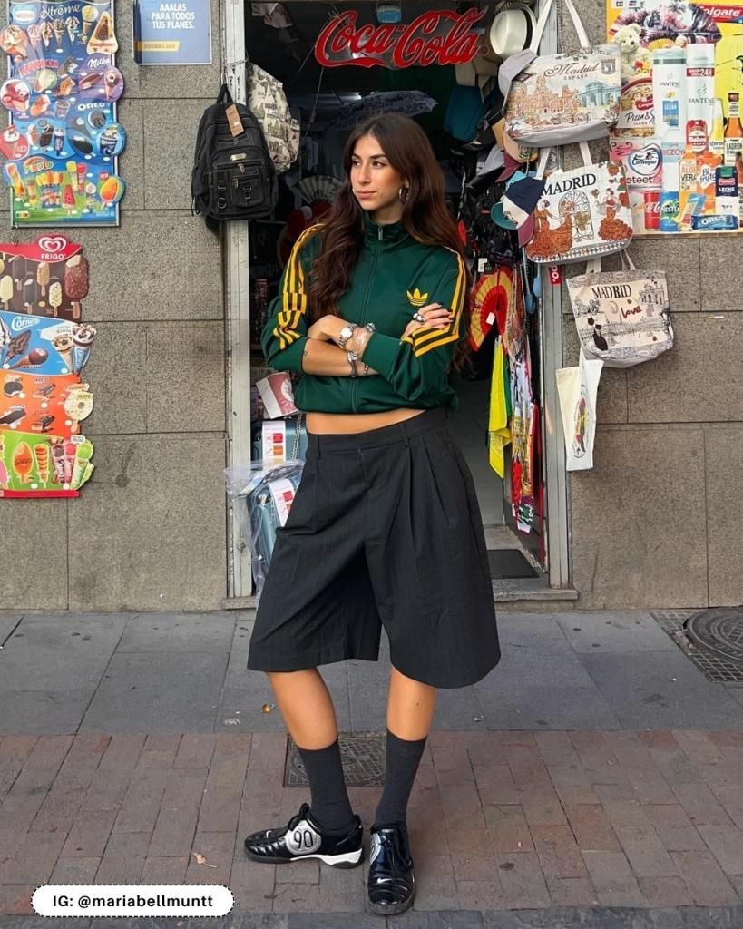 Green Adidas Track Jacket with Grey Culottes — Track Jacket Outfits