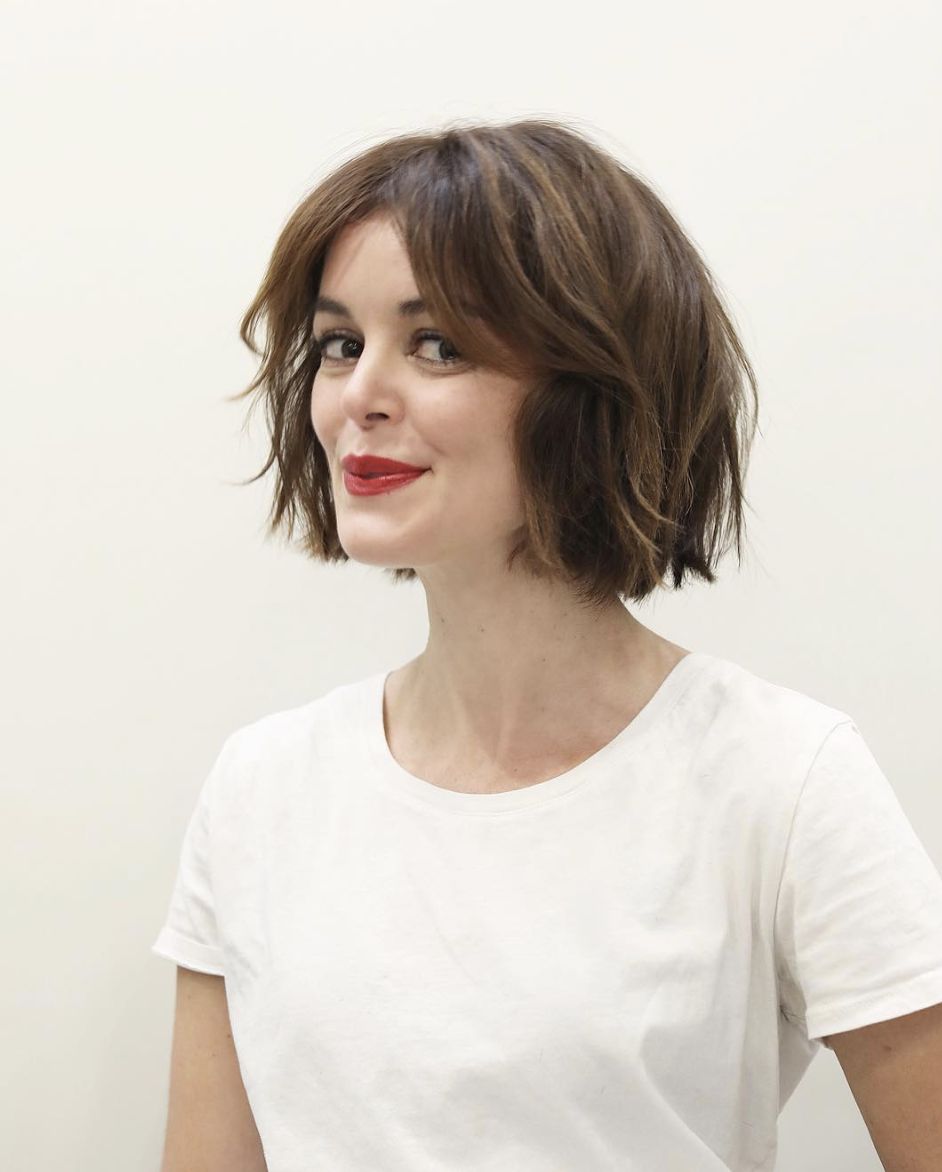 Tousled Dark Brown Bob With Side Swept Bangs Tousled Dark Brown Bob With Side Swept Bangs — Bob with Curtain Bangs