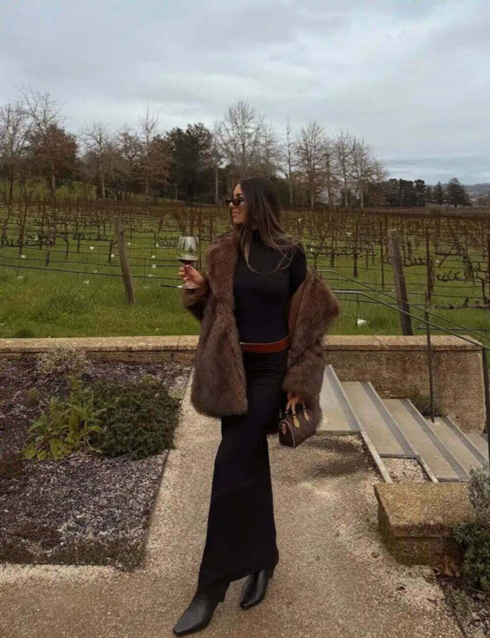Faux Fur Coat Over a Fitted Turtleneck Dress for a Luxe Winery Ensemble — Winery Outfits