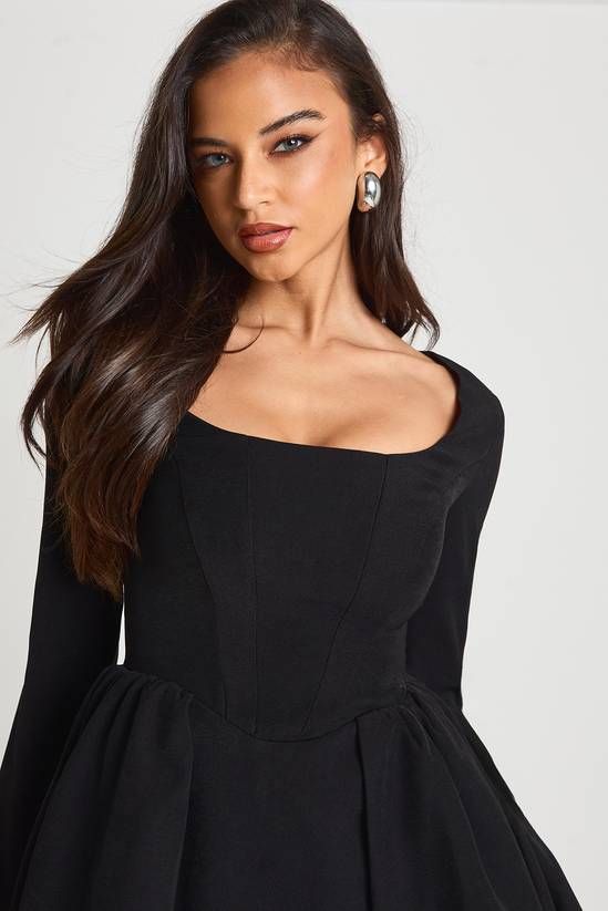 Black Long-Sleeve Skater Dress with Corset Bodice Detail Black Long-Sleeve Skater Dress with Corset Bodice Detail — Skater Dresses