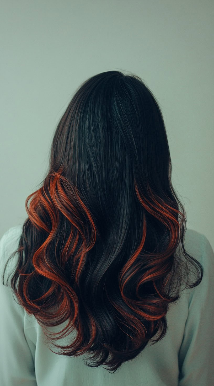 Subtle Red-Orange Highlights on Waves Subtle Red-Orange Highlights on Waves — Red Highlights on Black Hair