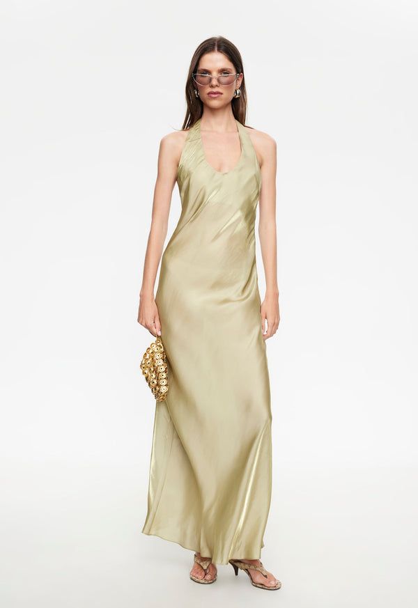 Evening Pale Green Silk Halter Neck Maxi Dress Evening Pale Green Silk Halter Neck Maxi Dress — Silk Dresses