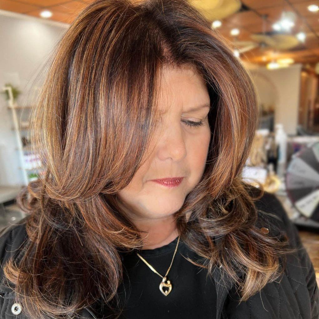 Rich Brown Lob with Caramel Highlights Rich Brown Lob with Caramel Highlights — Brown Hair Over 50