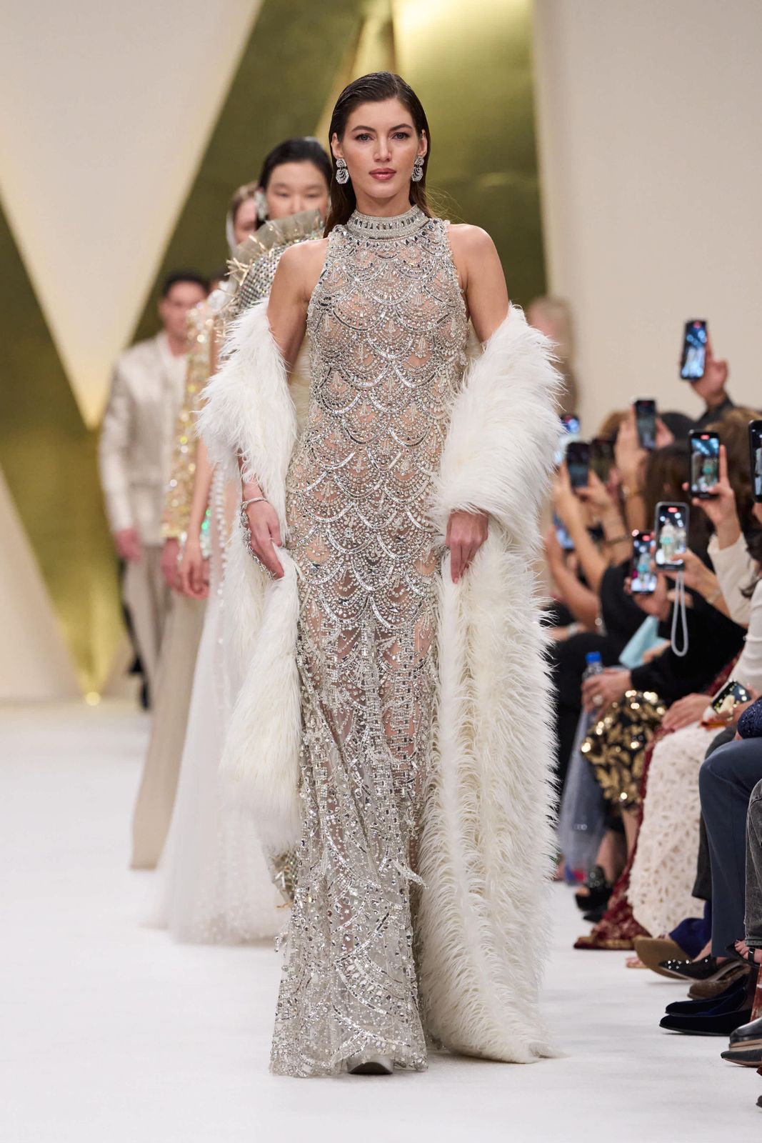 Runway Glamour: Beaded Sheer Gown and Fur Stole Dubai Outfits