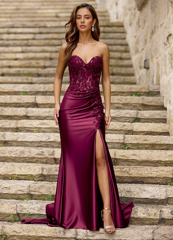 Burgundy Satin Gown with Lace Bodice and Slit Burgundy Satin Gown with Lace Bodice and Slit — Formal Dresses