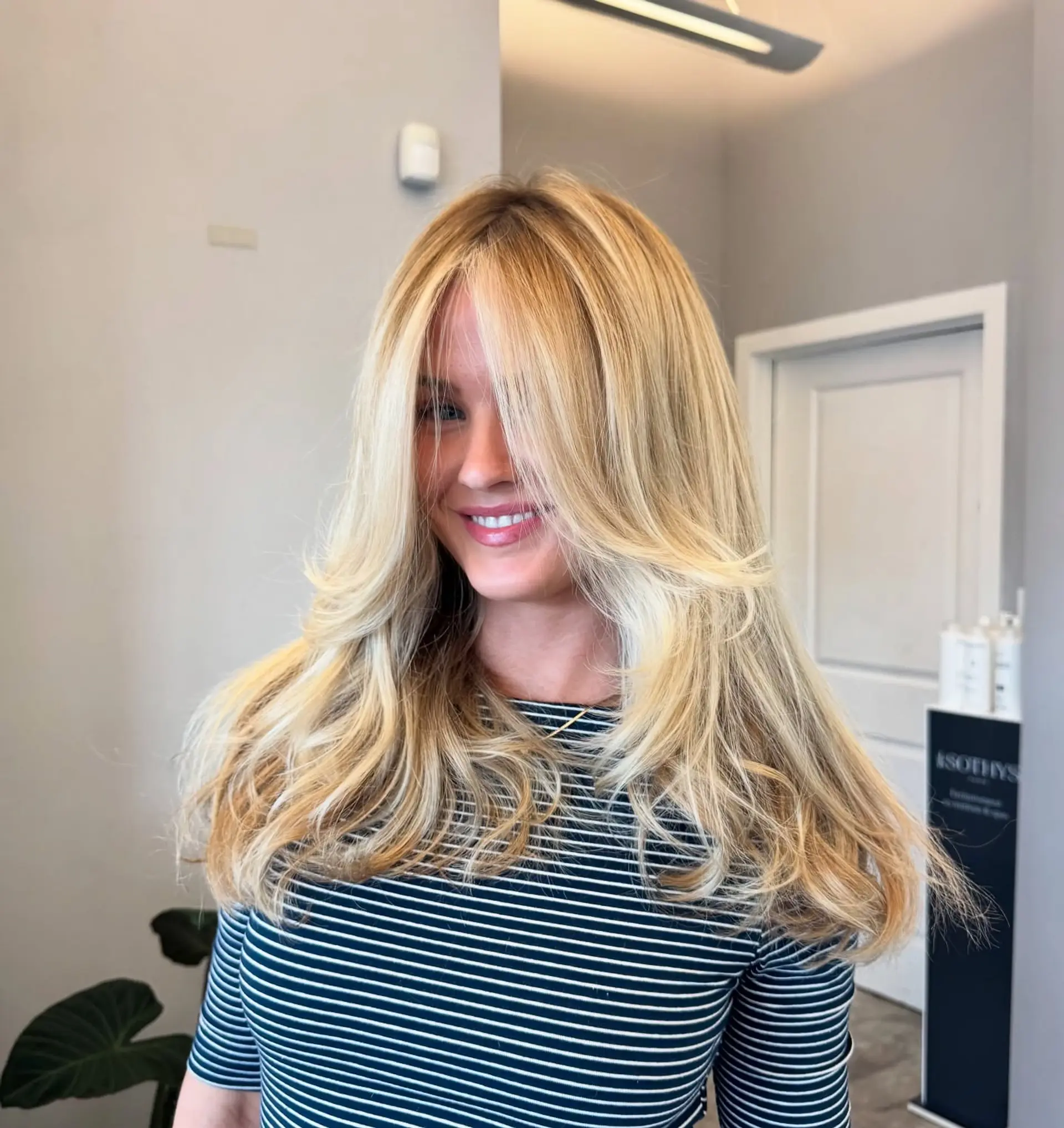 Classic Contrast: Blonde Layers with Bangs and a Striped Tee — Bangs with Layers