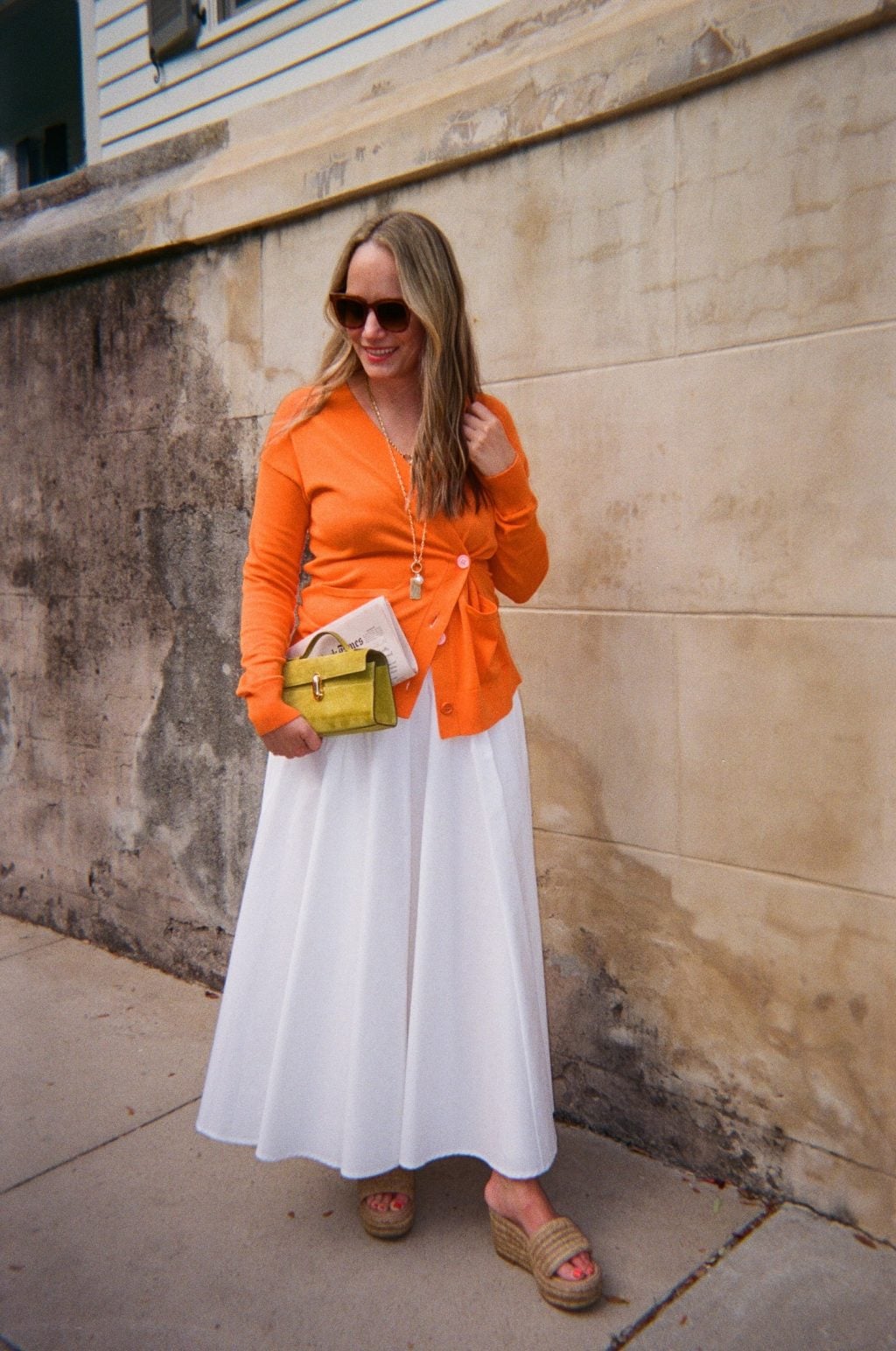 White Maxi Skirt Foundation with Vibrant Orange Cardigan White Maxi Skirt Foundation with Vibrant Orange Cardigan — Maxi Skirts
