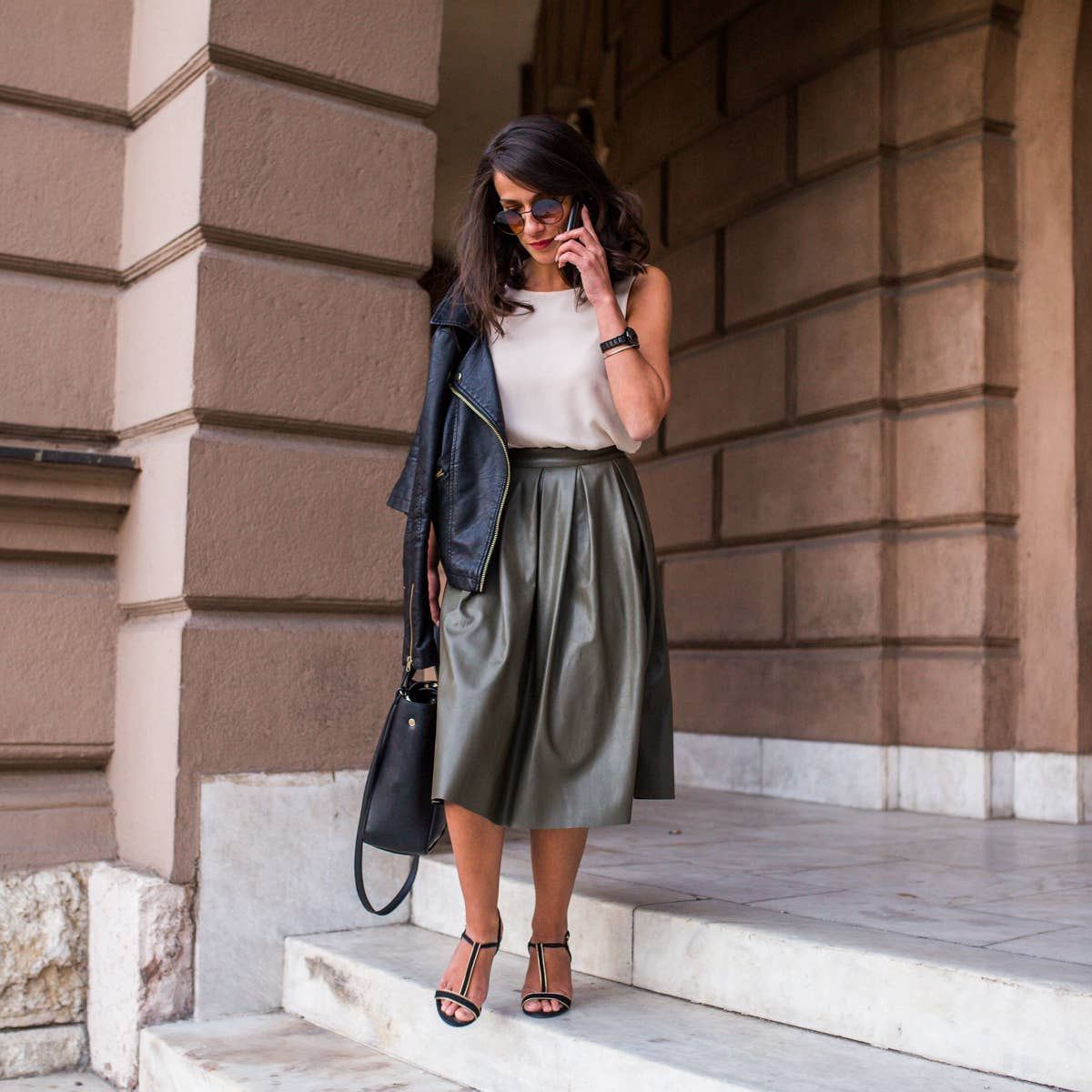 Olive Green Faux Leather Skirt with Cream Top and Leather Jacket Olive Green Faux Leather Skirt with Cream Top and Leather Jacket — Satin Skirt Outfits