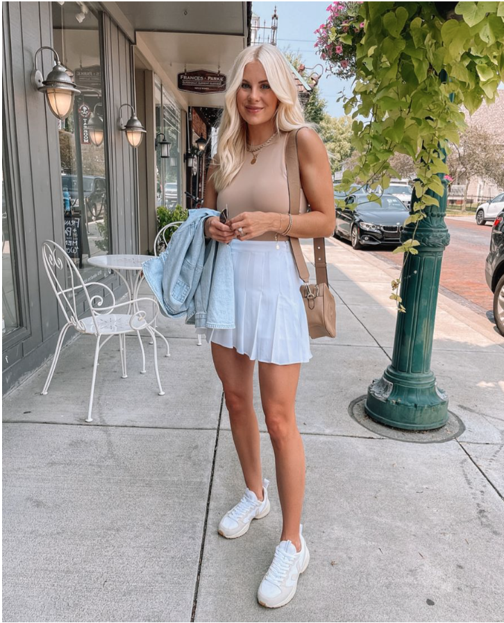 White Pleated Tennis Skirt with Beige Tank Top and Denim Jacket White Pleated Tennis Skirt with Beige Tank Top and Denim Jacket — Tennis Skirt Outfits