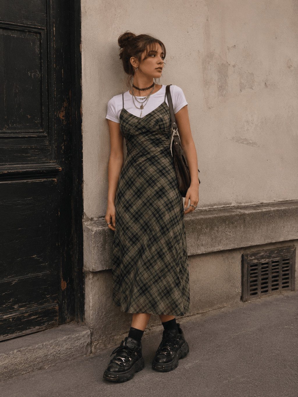 Preppy Vibes: Green Plaid Slip Dress with Chunky Boots Preppy Vibes: Green Plaid Slip Dress with Chunky Boots — Slip Dress Over T Shirt